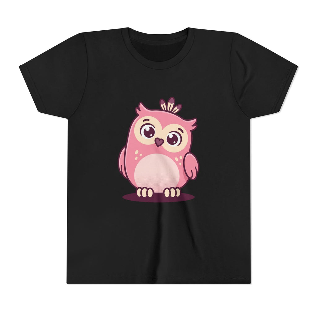 Pink Cartoon Owl Youth Tee — Cute Kids' Short Sleeve Shirt
