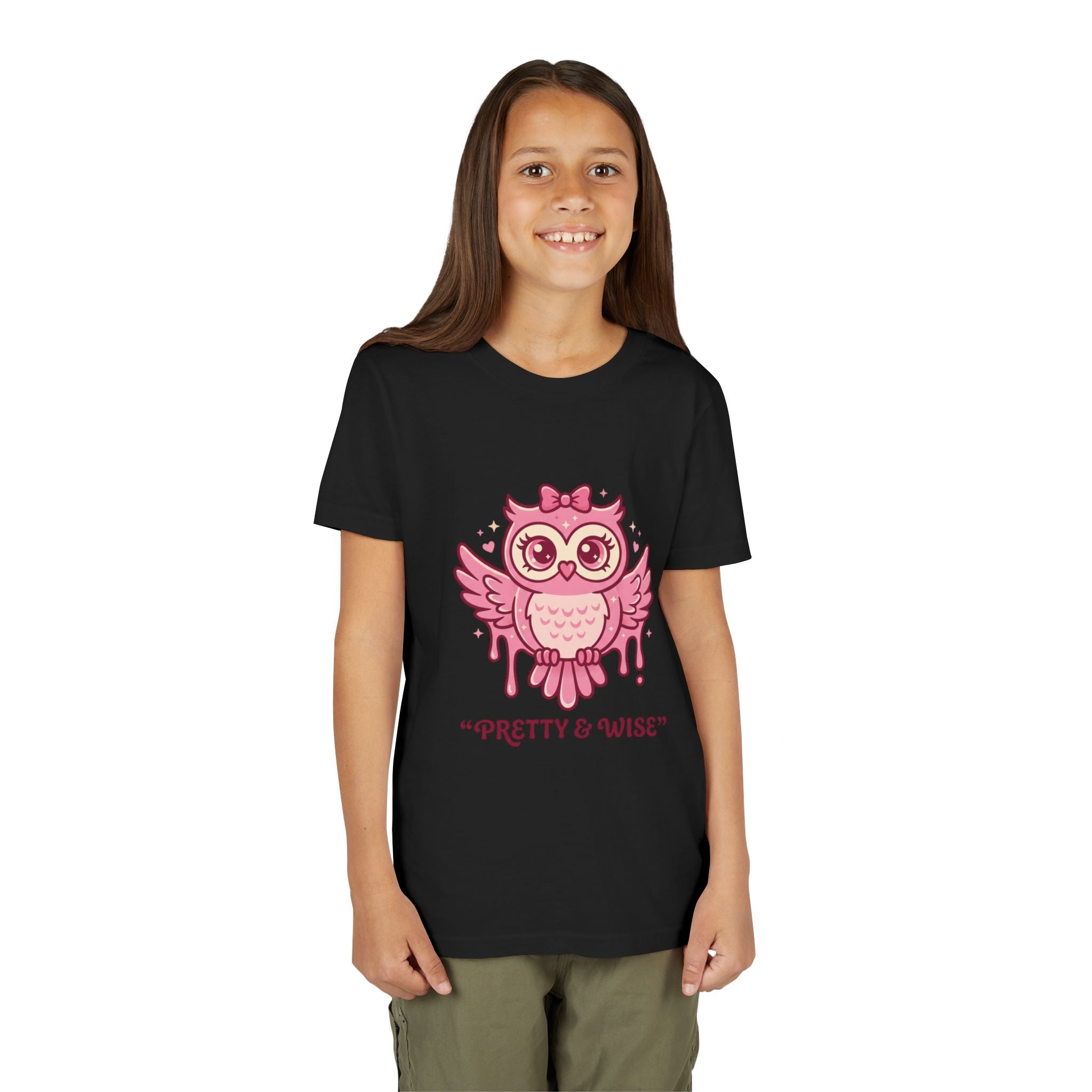 Pretty Pink Owl Youth Tee — "Pretty and Wise" Dripping Pink Design
