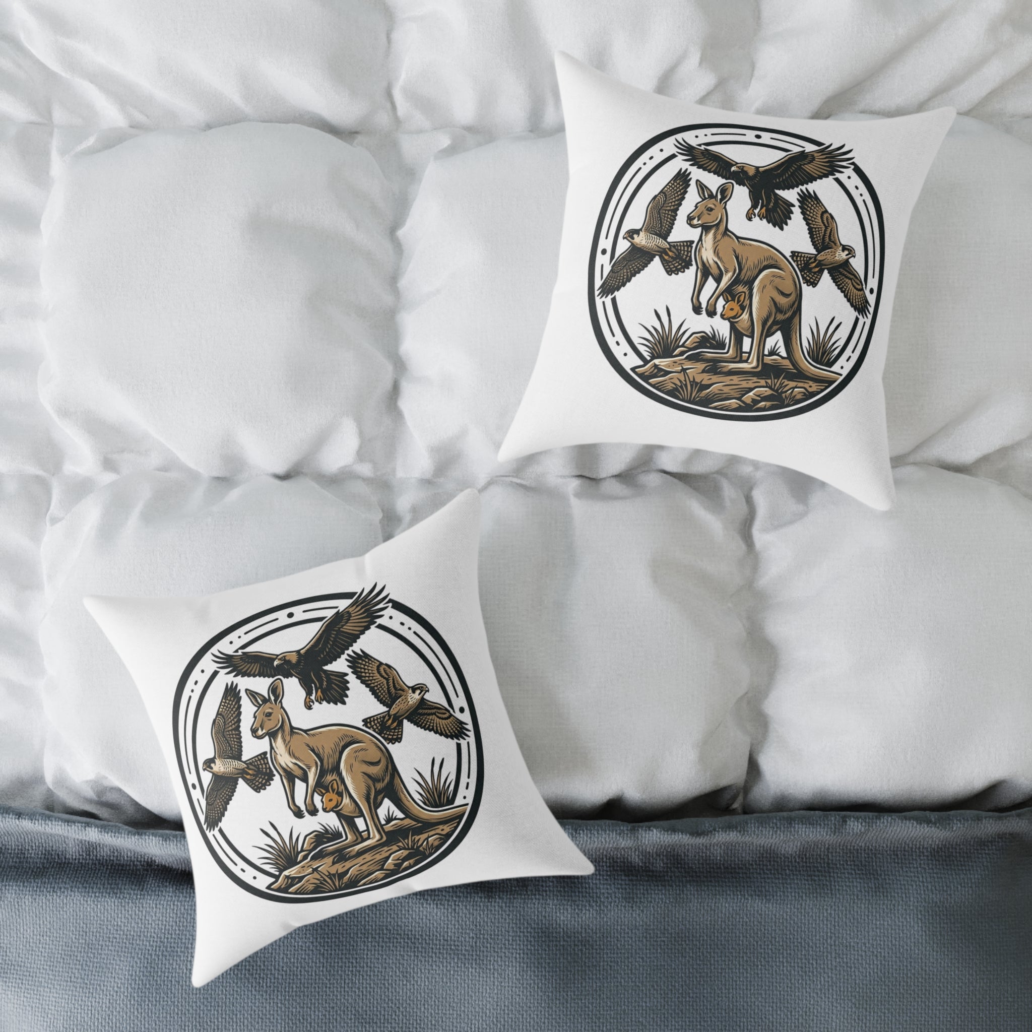 Kangaroo & Kookaburra Canvas Pillow — Australian Wildlife Decorative Throw  (PILLOWCASE ONLY)