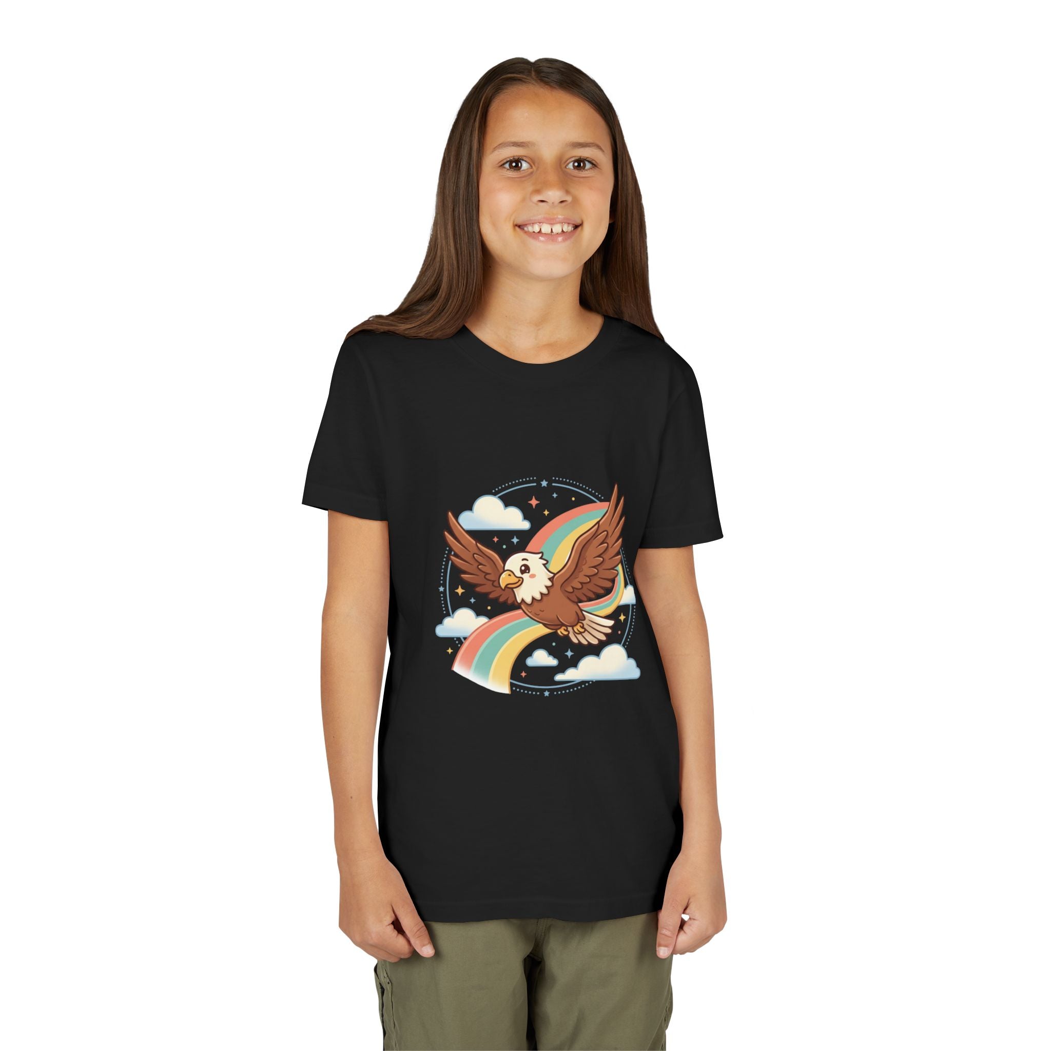 Youth Tee — Eagle Flying Through Clouds with Rainbow Trail