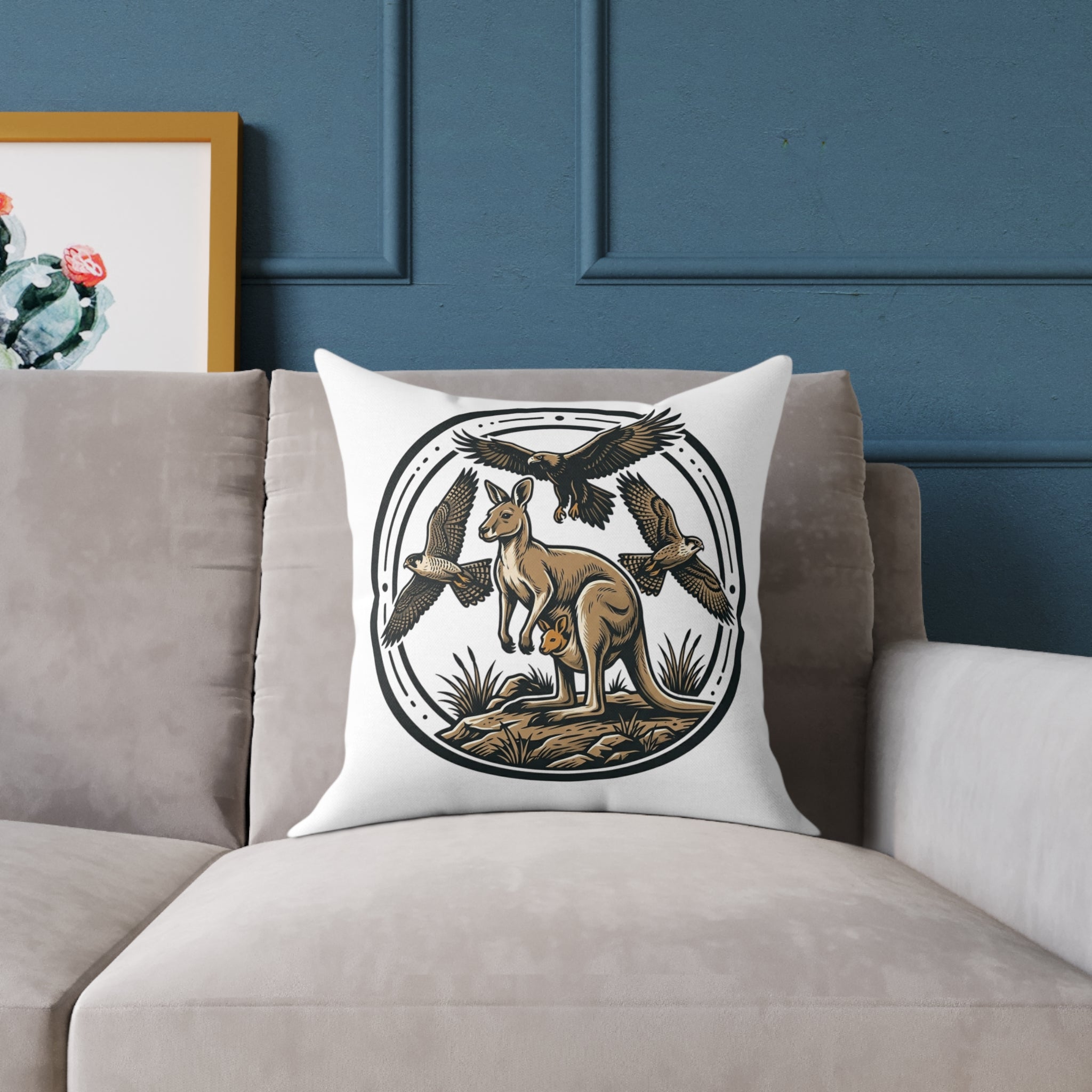 Kangaroo & Kookaburra Canvas Pillow — Australian Wildlife Decorative Throw  (PILLOWCASE ONLY)