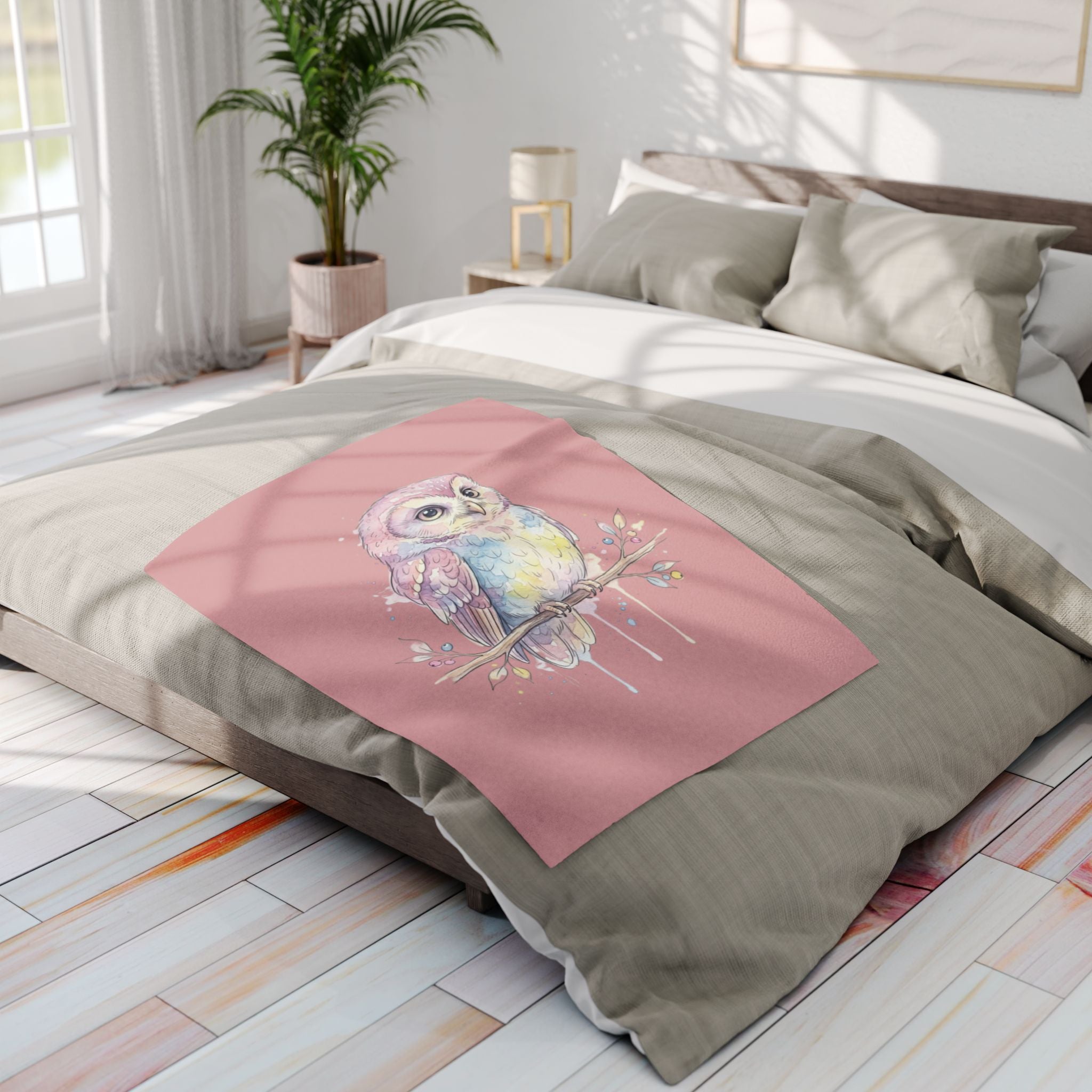 Dreamy Watercolor Owl Arctic Fleece Blanket — Pastel Nursery Throw